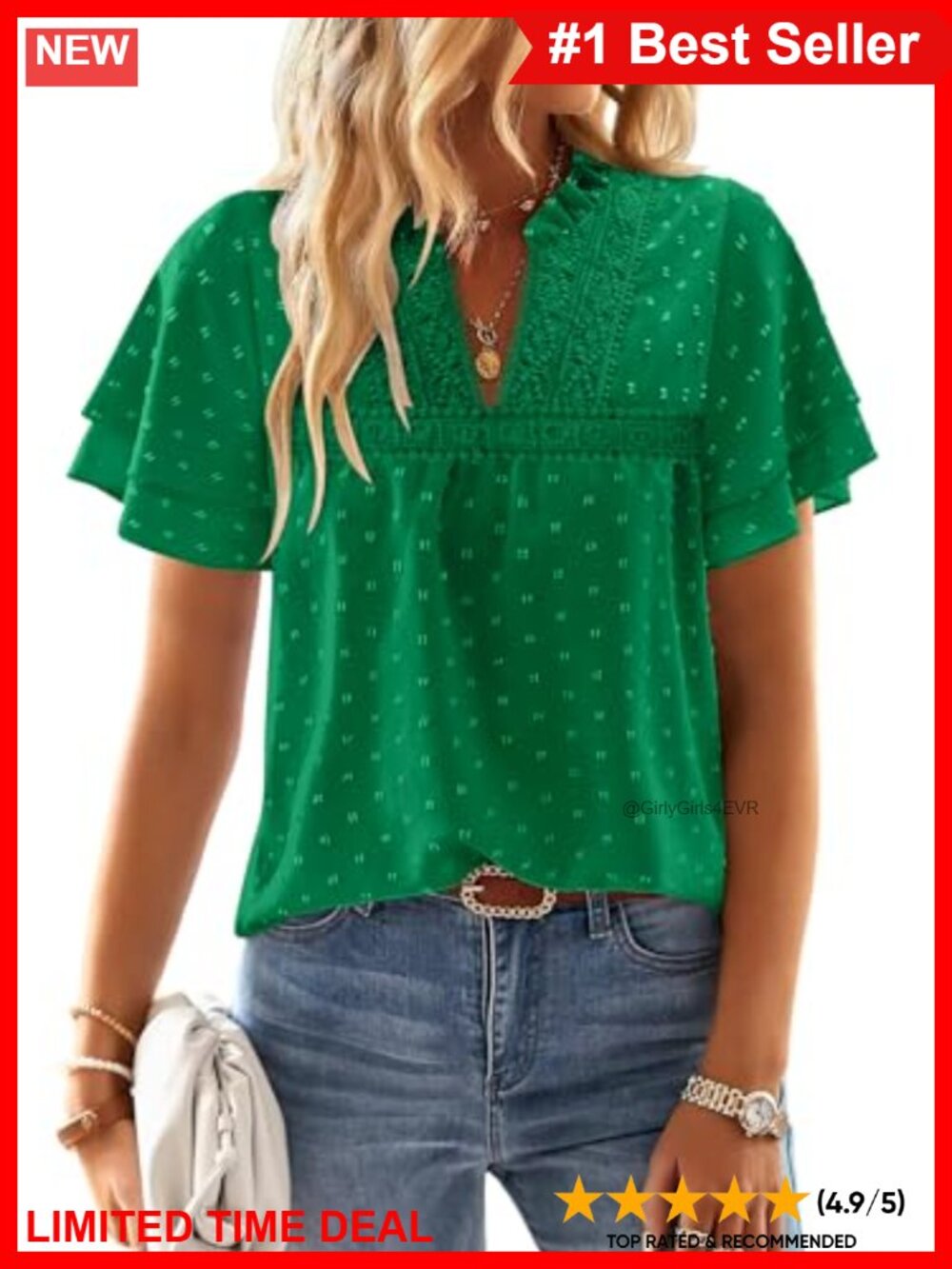 Boho V-Neck Ruffle Short Sleeve Swiss Dot Tunic Blouse Lace Hem